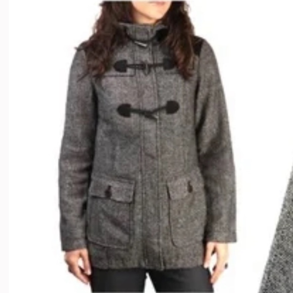 *Prana Gray Black Wool Blend Tweed Hooded Coat Toggle Closures Size Large